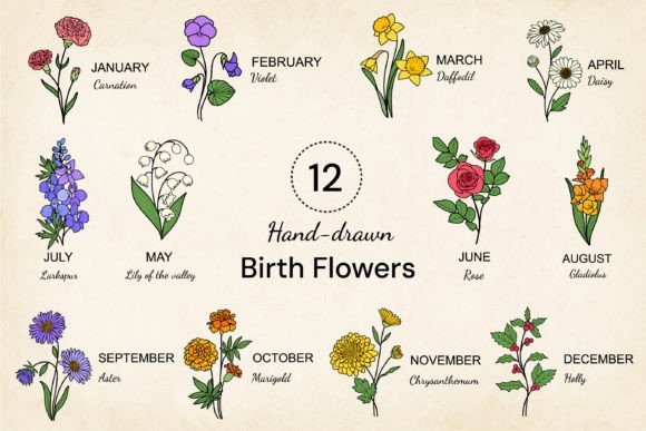 12 X Birth Flowers SVG in Color, Vector for Your Projects