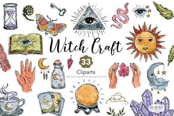 33 Witchcraft Cliparts Color Transparent: A Boho Occult Design Set