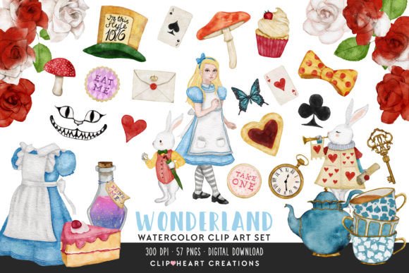 Whimsical Design with Alice in Wonderland Watercolour Clip Art